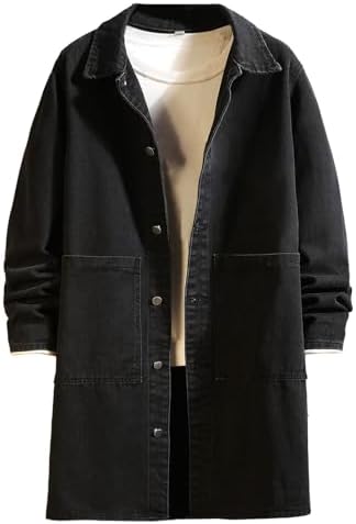 Akklian Mens Long Denim Trench Coat Classic Lapel Button Down